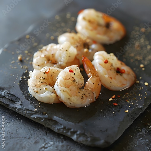 Exquisitely Arranged Marinated Shrimp on a Dark Stone Plate photo