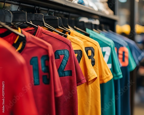 Sport jerseys on hangers in store