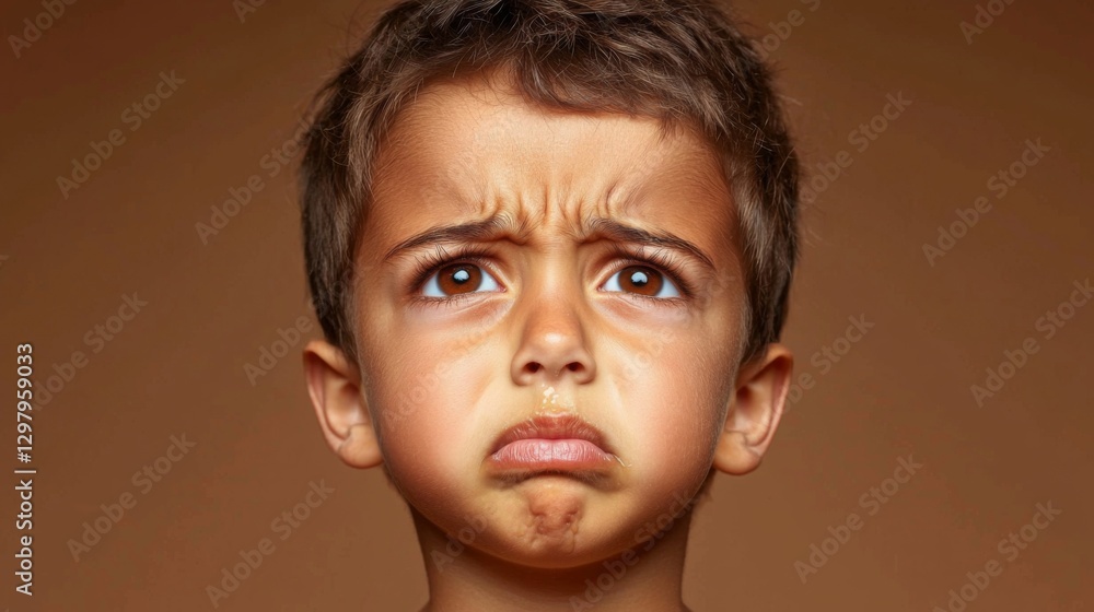 Emotional moment of a child studio setting portrait photography neutral background close-up expression of sadness Emotional moment of a child studio setting portrait photography neutral background close-up expression of sadness