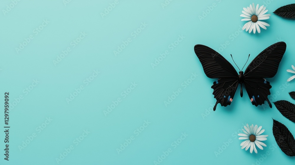 custom made wallpaper toronto digitalA vibrant teal background featuring a black butterfly alongside white flowers, creating a serene and elegant atmosphere.