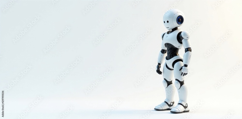 Fototapeta premium Futuristic Robot Standing Alone On White Background, abstract , white background, futuristic cityscape