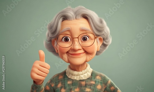 Happy Smiling Grandmother Cartoon 3D Model Thumbs Up Positive Elderly Old Aged Cute Wise Kind Woman 