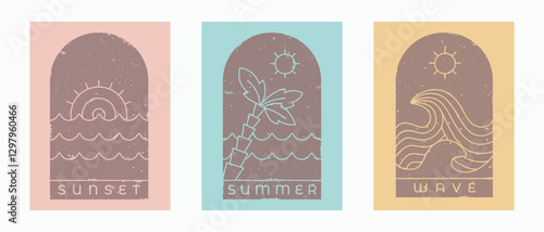 Vintage summer stamp, t short design template set. Simple sunset, sea, ocean vector illustration for surf club, surf shop, surf merch