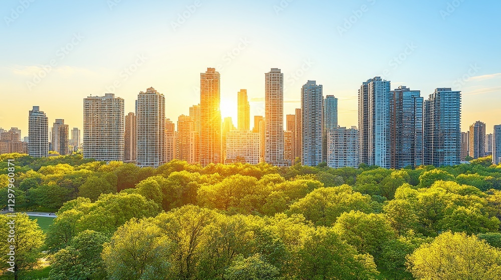 Obraz premium Urban skyline with green trees a tranquil morning cityscape showing modern buildings and sunlit park blend beautiful nature metropolis