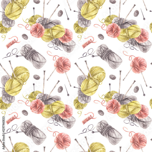 Wallpaper Mural Knitting, needlework seamless pattern. Different coloured skeins of yarn, needles, pins, buttons. Crocheted, knitted hobby fabric, packaging. Watercolor painted illustration. Isolated white background Torontodigital.ca