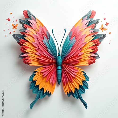 Illustration of paper cut butterfly with colorful wings on a white background. 3D origami style design. Spring, summer art. Nature visual. Beautiful insect. Symbol of love, joy and happiness.