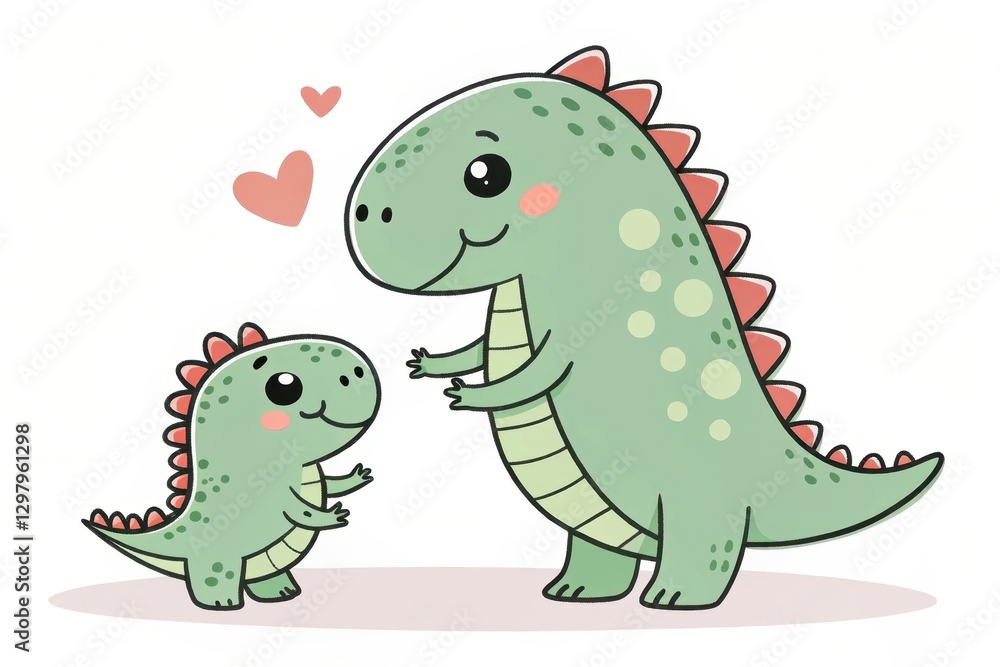Fototapeta premium Cute dinosaurs sharing a joyful moment with hearts in a lighthearted illustration perfect for families. Generative AI