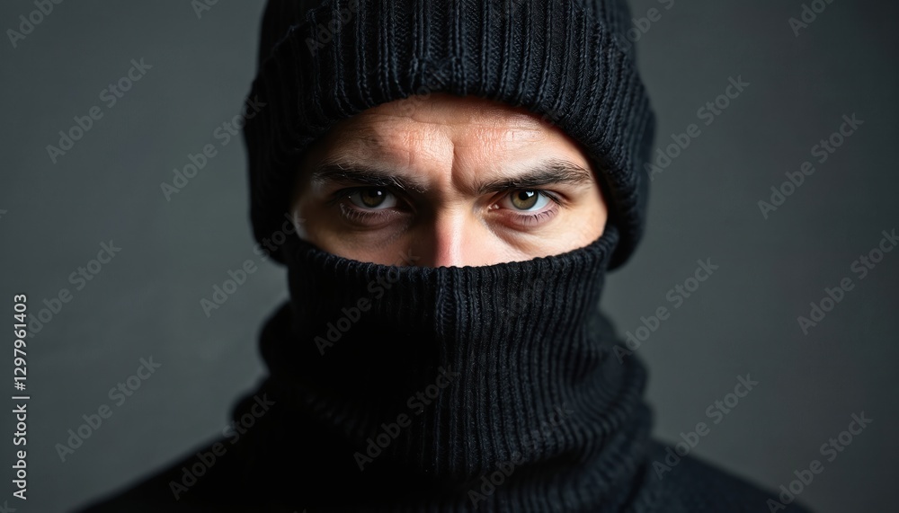 Intense stare of man wearing black knitted beanie and balaclava. Dramatic portrait face hidden in winter clothes. Close up of eye looking at camera. Serious facial expression, danger security concept. Intense stare of man wearing black knitted beanie and balaclava. Dramatic portrait face hidden in winter clothes. Close up of eye looking at camera. Serious facial expression, danger security concept.