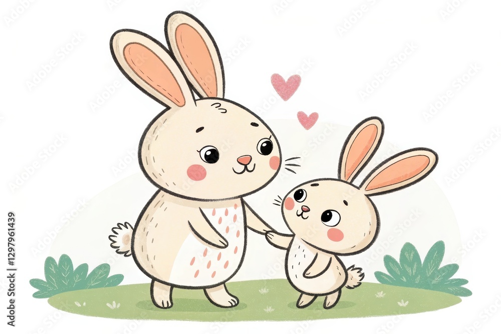 Whimsical moment of love between a gentle mother bunny and her adorable baby in a playful meadow setting. Generative AI Whimsical moment of love between a gentle mother bunny and her adorable baby in a playful meadow setting. Generative AI