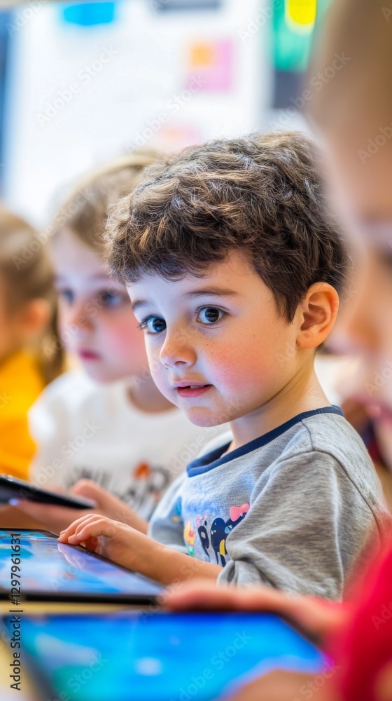 Engaged kids focus on learning with digital tablets in a vibrant classroom setting. The joy of education through technology is evident. Generative AI Engaged kids focus on learning with digital tablets in a vibrant classroom setting. The joy of education through technology is evident. Generative AI