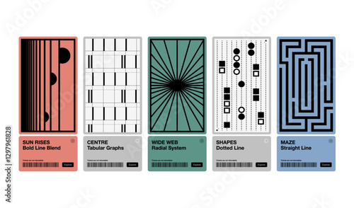 Ticket collection template form bold line pattern shapes maze sun rises radial effect graphic design pass banner flyer geometry visual modern simple unique style aesthetic artwork 
