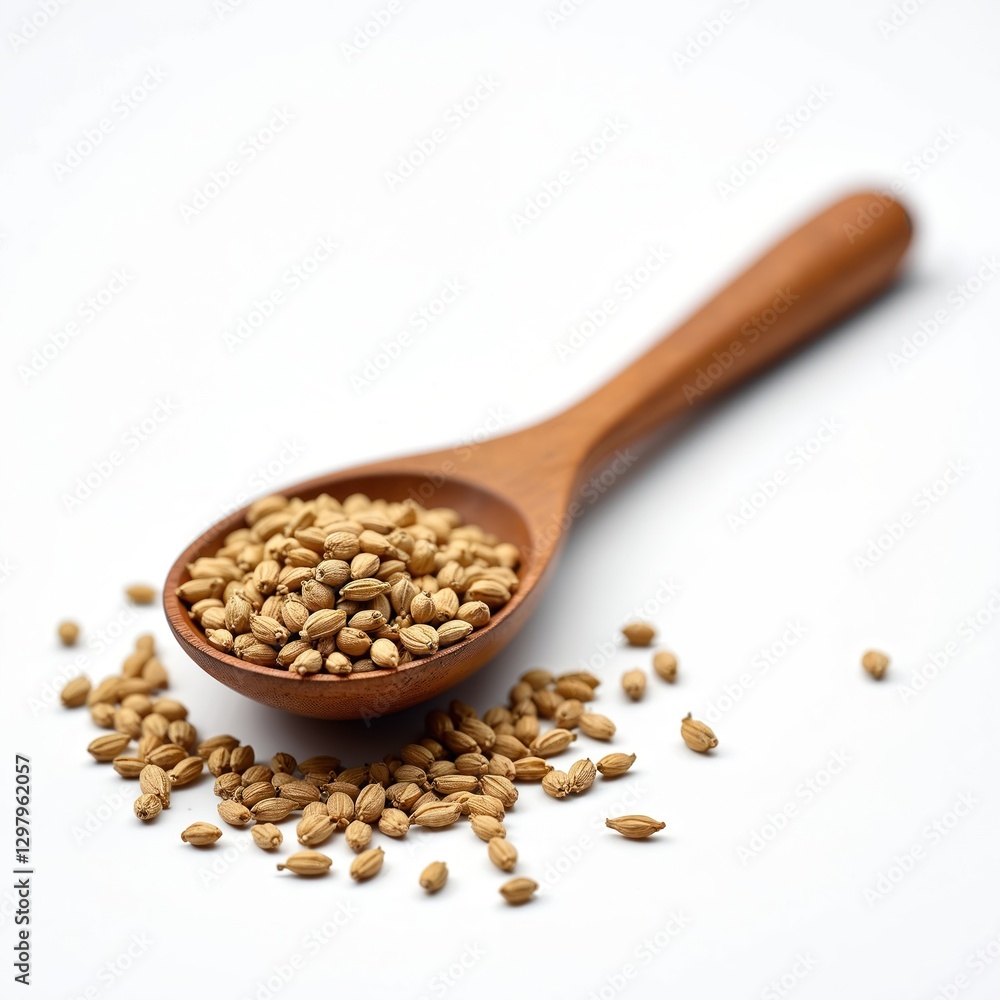 Pile of coriander seeds in wooden spoon isolated on white. Condiment, ingredient for cooking, herbal remedy. Organic aroma spice, seasoning. Ingredient for healthy nutrition. Pile of coriander seeds in wooden spoon isolated on white. Condiment, ingredient for cooking, herbal remedy. Organic aroma spice, seasoning. Ingredient for healthy nutrition.