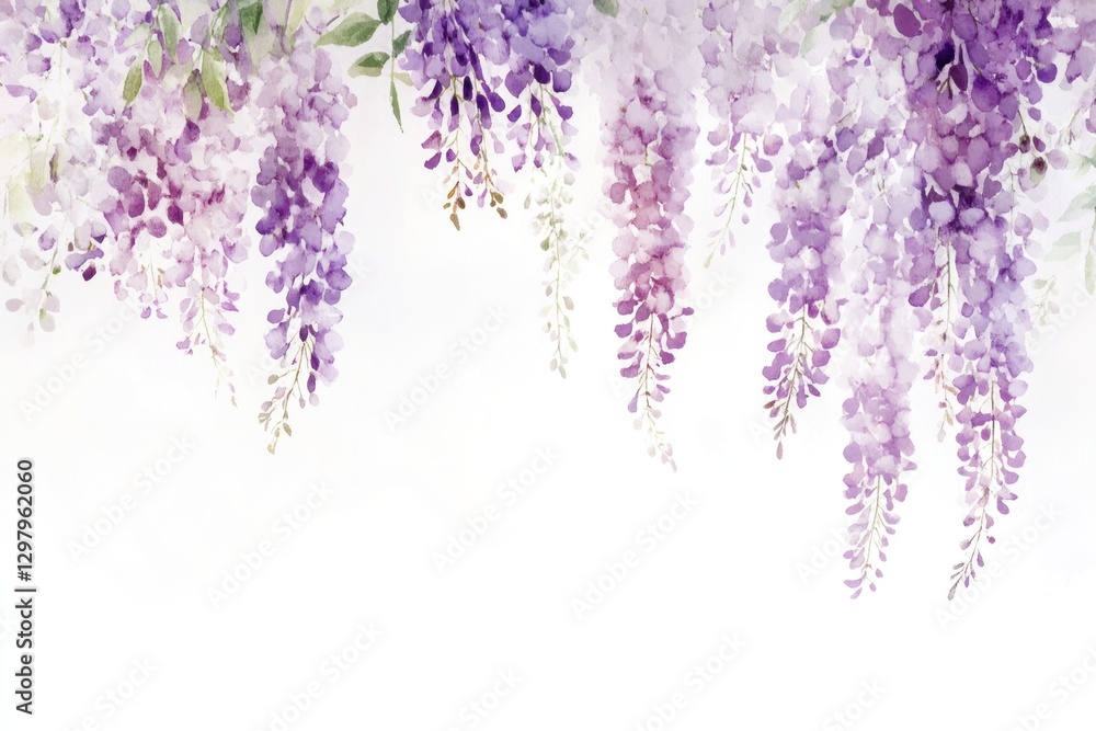 Watercolor painting of wisteria flowers cascading down. Watercolor painting of wisteria flowers cascading down.