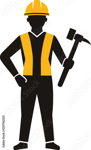 Construction Worker Silhouette Builder Holding Hammer.