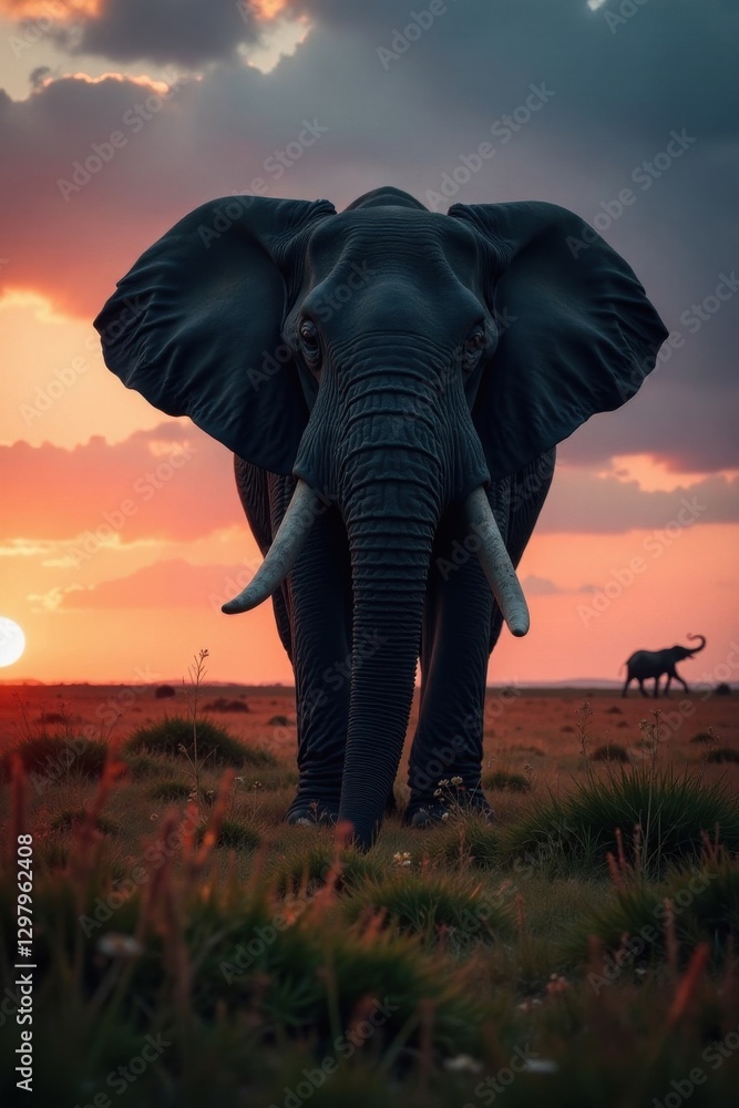 Obraz premium Giant elephant shape looming over a grassy savannah landscape at dusk , wildlife, landscape, animals