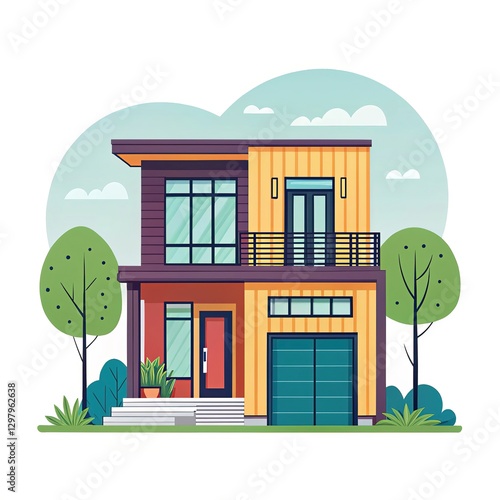 Aesthetic House Villa Mansion Townhouse Farmhouse Duplex Chalet Cabin Pastel Handmade Sketch Landscape Illustration Artwork Watercolor Modern House Design with Green Landscaping and Trees