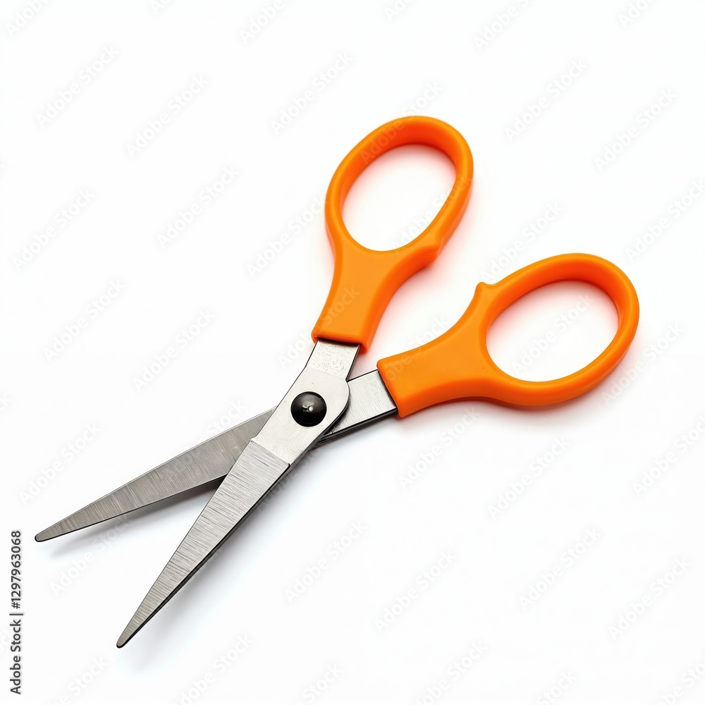 Open scissors with bright orange plastic handles symbolize craft, create, cut. Metal blade scissors isolated on white background. Back to school simple cutting tool. Preparation for art design Open scissors with bright orange plastic handles symbolize craft, create, cut. Metal blade scissors isolated on white background. Back to school simple cutting tool. Preparation for art design