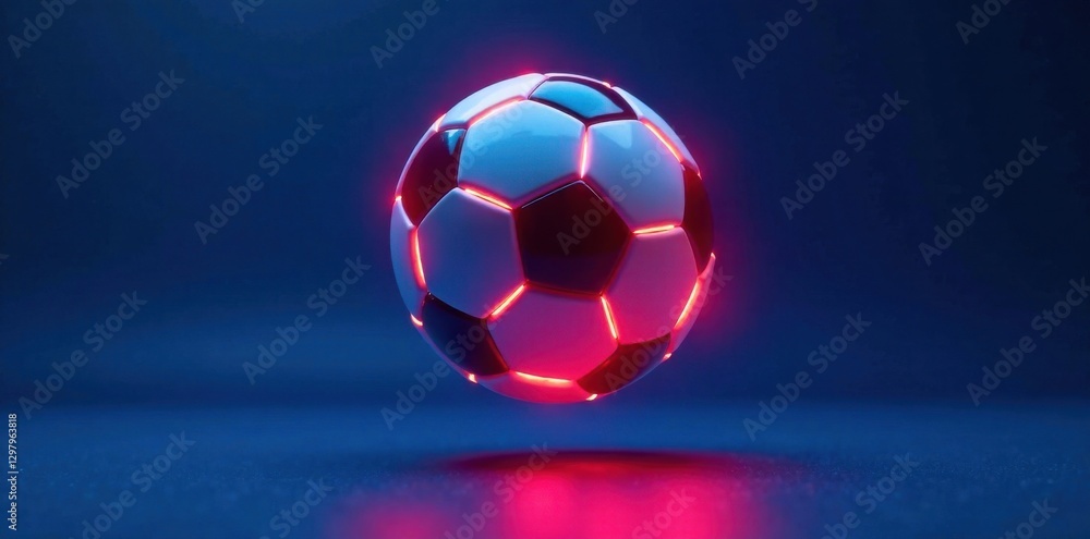 Naklejka premium Glowing neon colored soccer ball suspended in mid air over blue background with subtle motion blur, glowing sphere, electronic ambiance , urban atmosphere