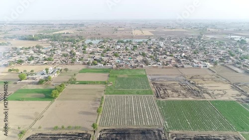 Aerial drone shot of farming lands in India.