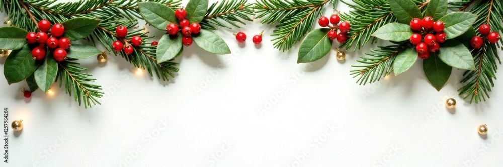 Obraz premium Gold garlands with mistletoe and red berries draped over evergreen branches on a neutral white background, branches, festive, evergreen