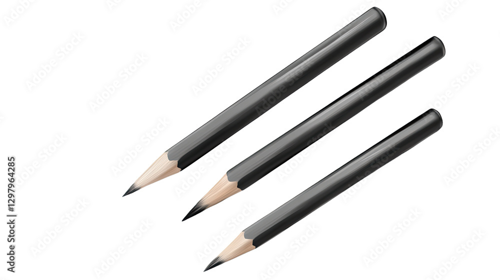 Pencils in Order: Three pencils are positioned to demonstrate a gradient effect of size, each with a freshly sharpened tip ready for use. Pencils in Order: Three pencils are positioned to demonstrate a gradient effect of size, each with a freshly sharpened tip ready for use.