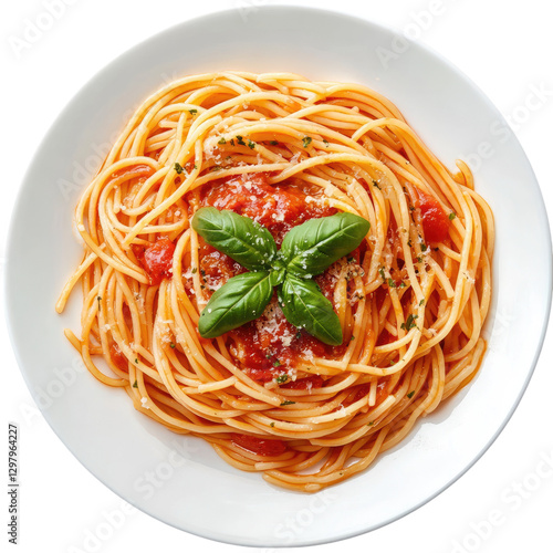 Spaghetti with tomato sauce on a white plate,