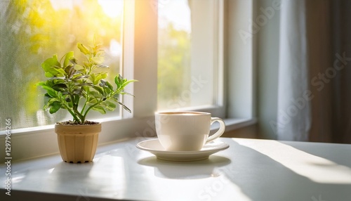 Wallpaper Mural 카페 창가, 테이블 위에 커피 한 잔과 작은 화분이 놓여 있는 조용한 분위기 Torontodigital.ca