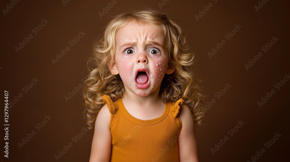 Child's distressed expression in studio portrait photography emotional moment brown background Child's distressed expression in studio portrait photography emotional moment brown background