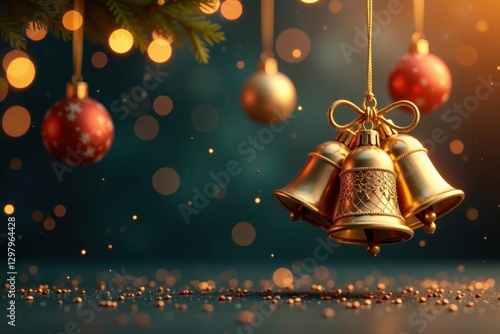 Wallpaper Mural Golden baubles and bells suspended in mid-air, snowflakes, Christmas decorations, festive atmosphere Torontodigital.ca