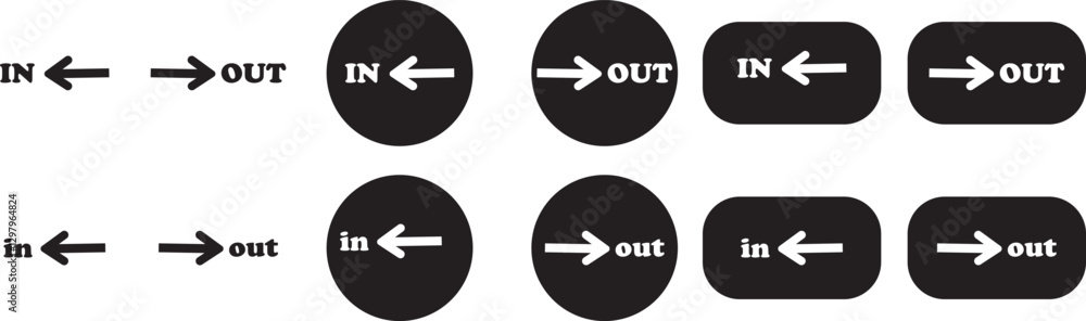 Fototapeta premium IN OUT arrow icons set. Simple arrow big vector collection isolated on transparent background. Red or green street sign with flat arrow pointing right and left signboard on road for pointing direction