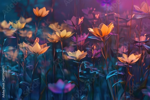 Blossoms of twilight illuminate the garden with their vibrant hues and gentle glow. Generative AI