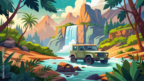 Jungle Expedition: A rugged off-road vehicle navigates a lush tropical stream, with a majestic waterfall cascading in the background. The scene evokes