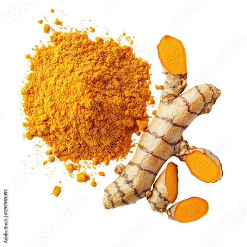 Turmeric powder and turmeric root isolated on transparent background,