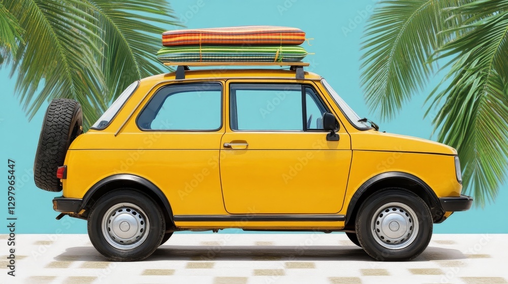 Fototapeta premium Summer escape yellow car with surfboards on the roof tropical vibe adventure awaits for the journey to paradise lifestyle