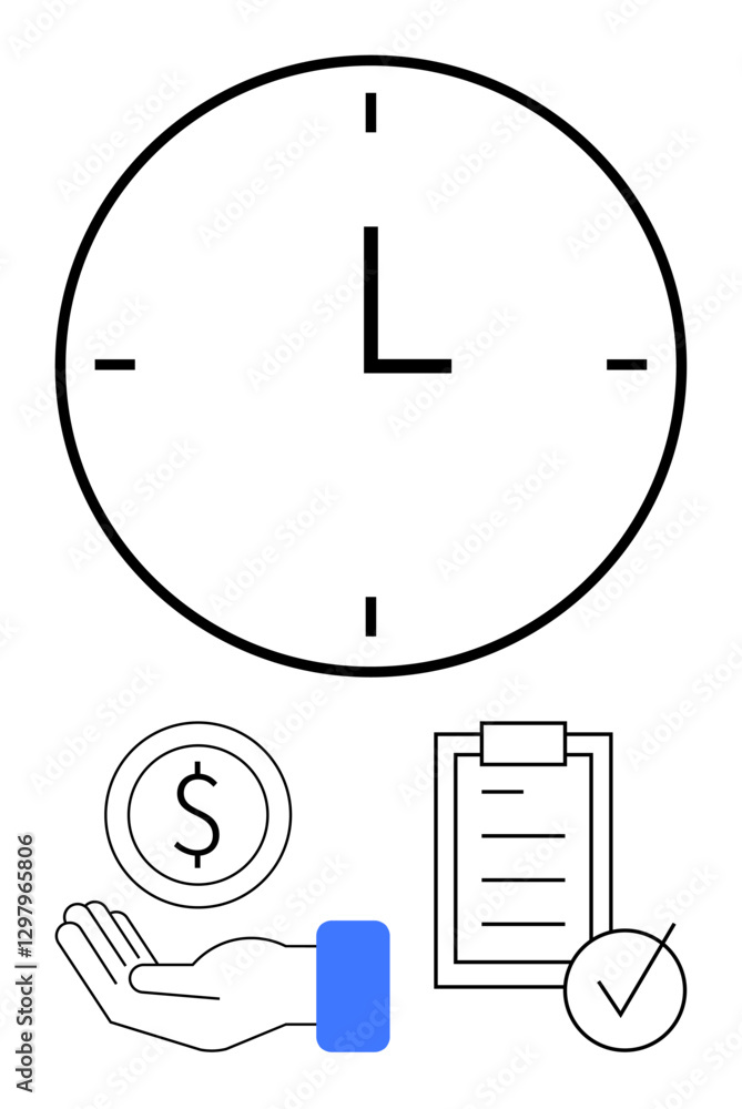 Clock with minimalist markers, hand with money coin, checklist with checkmark. Ideal for finance, productivity, scheduling, task management, work-life balance payroll budgeting. Abstract line flat Clock with minimalist markers, hand with money coin, checklist with checkmark. Ideal for finance, productivity, scheduling, task management, work-life balance payroll budgeting. Abstract line flat