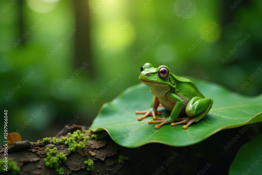 Obraz premium Green frog perched on a leaf in a forest clearing , frog, clearing, wildlife