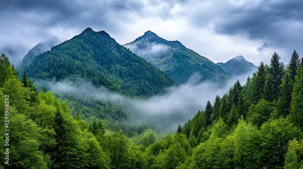 Serene Mountain Landscape with Lush Green Forest and Misty Clouds Serene Mountain Landscape with Lush Green Forest and Misty Clouds