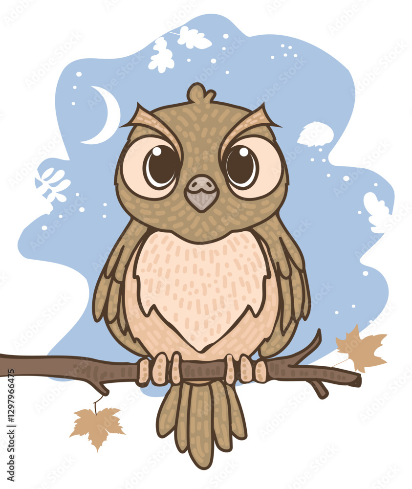 Obraz premium Cartoon owl on branch with puzzled expression, night sky with a crescent moon