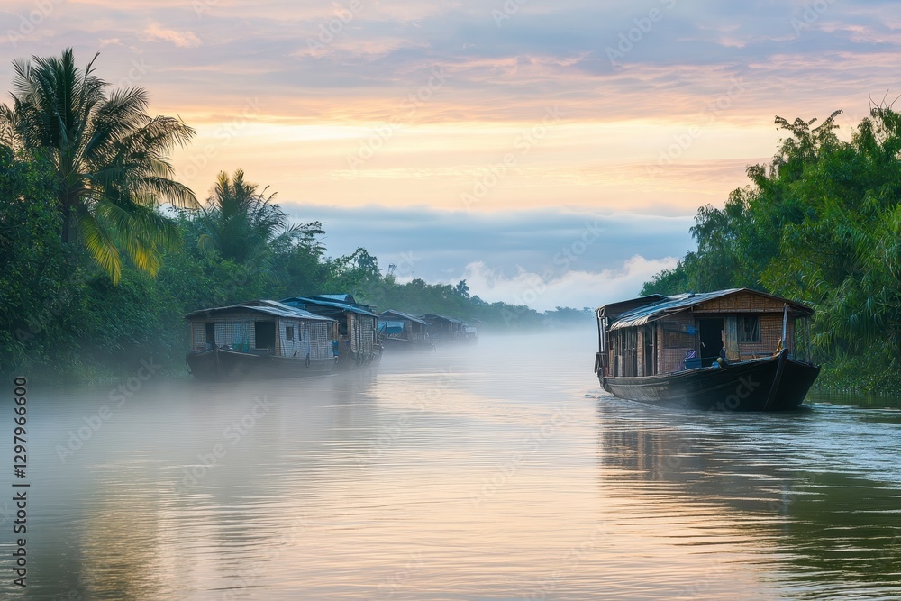 Fototapeta premium Mystical morning light illuminates tranquil waters of a river village with wooden houses and silhouettes of small boats. Generative AI