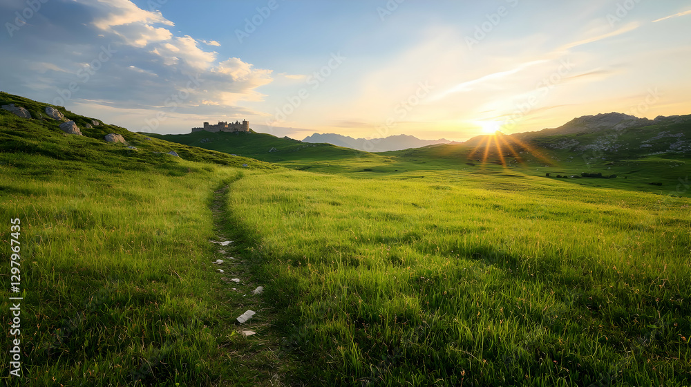 Obraz premium Lush Green Meadow Path Leading Towards Glowing Sunset Horizon Under Cloudy Sky