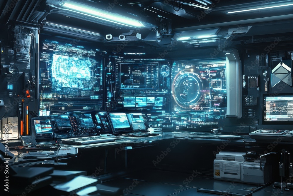Futuristic command center filled with high-tech interfaces and glowing displays at the heart of a bustling space station. Generative AI Futuristic command center filled with high-tech interfaces and glowing displays at the heart of a bustling space station. Generative AI