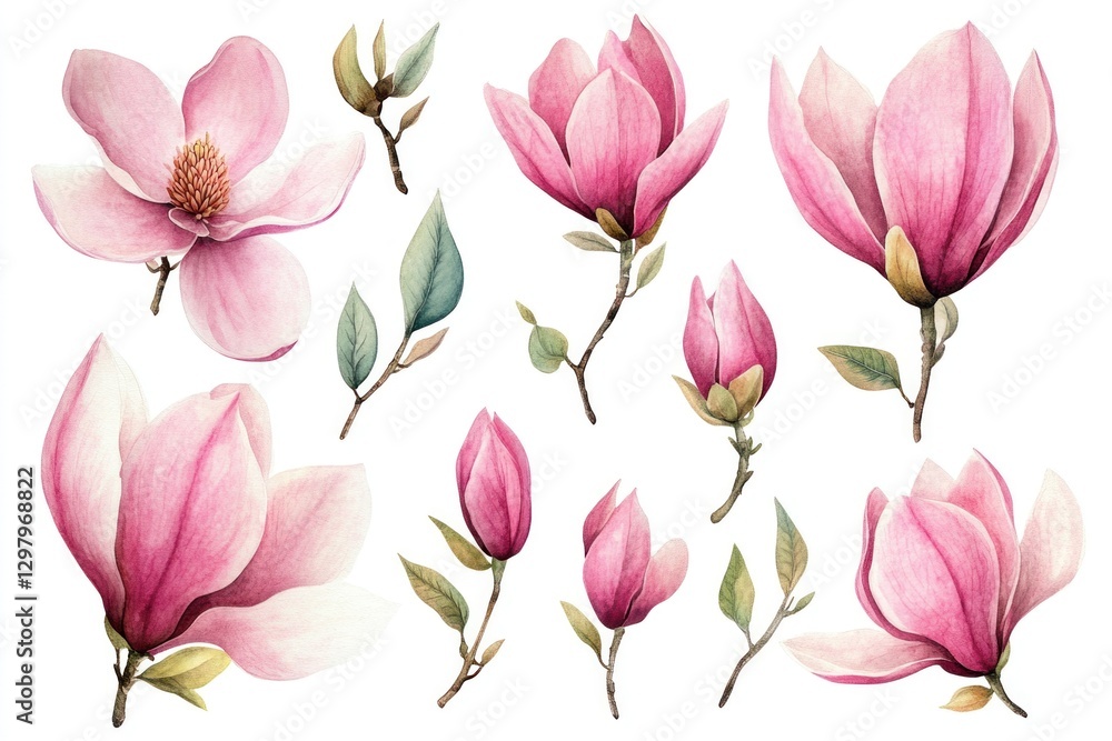 Watercolor pink magnolia blossoms, buds, and leaves isolated on white. Watercolor pink magnolia blossoms, buds, and leaves isolated on white.