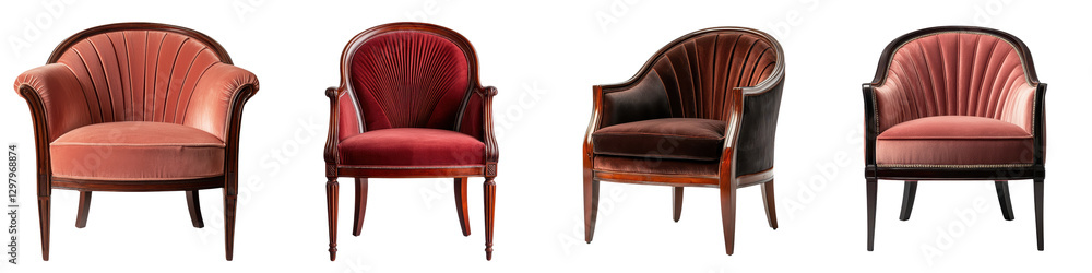Fototapeta premium Vintage ornately carved armchairs with red and burgundy upholstered seats and backs arranged in a cozy sophisticated living room setting with wooden floors and decorative accents