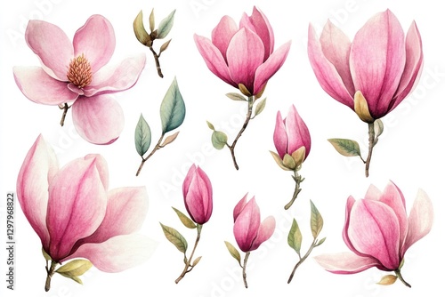 Watercolor pink magnolia blossoms, buds, and leaves isolated on white.
