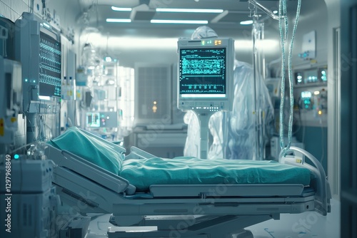 Modern medical technology illuminates a hospital room filled with advanced equipment and an empty patient bed awaiting care. Generative AI