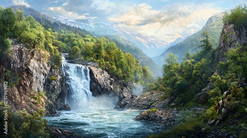 Serene Waterfall Landscape in Lush Mountain Valley