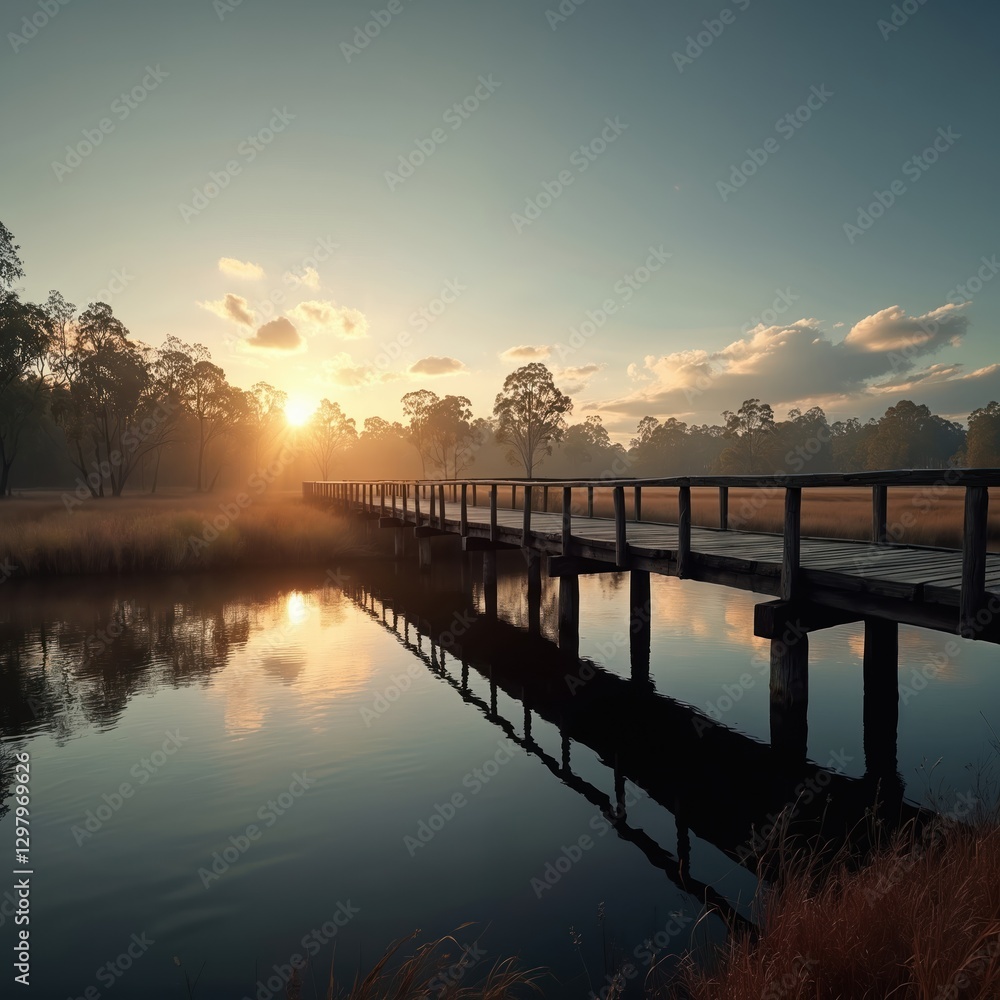 Obraz premium Tranquil scene features old wooden bridge crossing river at sunrise in Goulburn, NSW, Australia. Sun rays over water reflects on smooth water surface. Relaxing natural landscape.