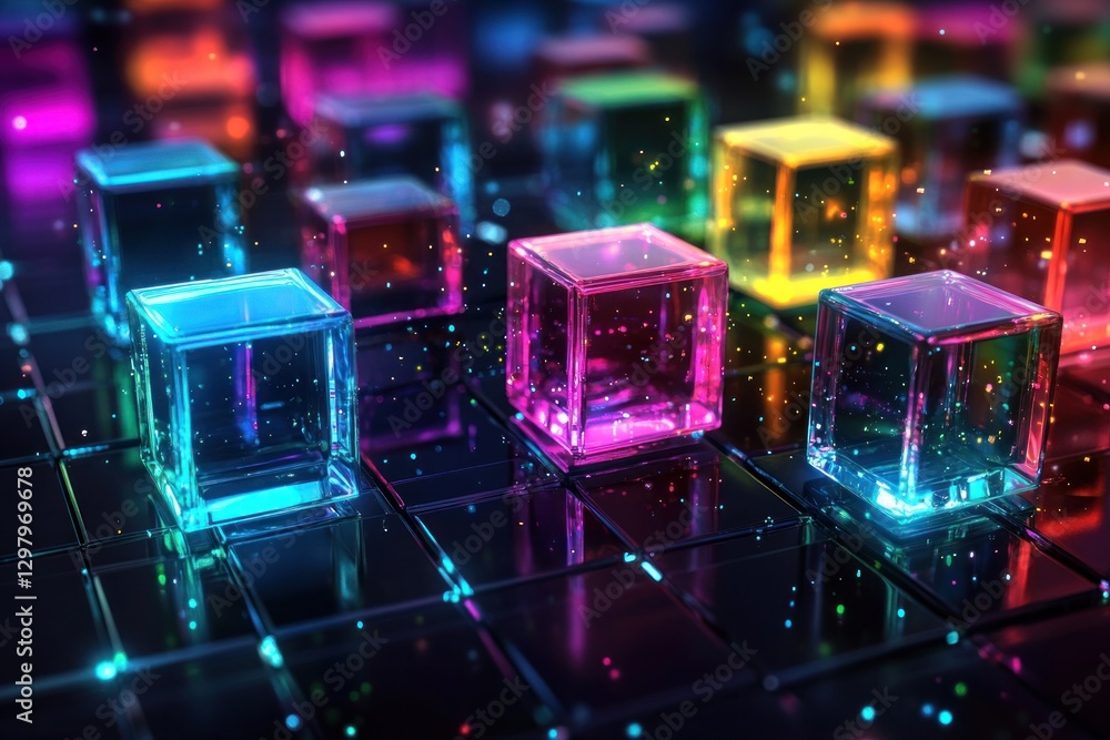 Fototapeta premium Colorful glowing glass cubes on dark surface.