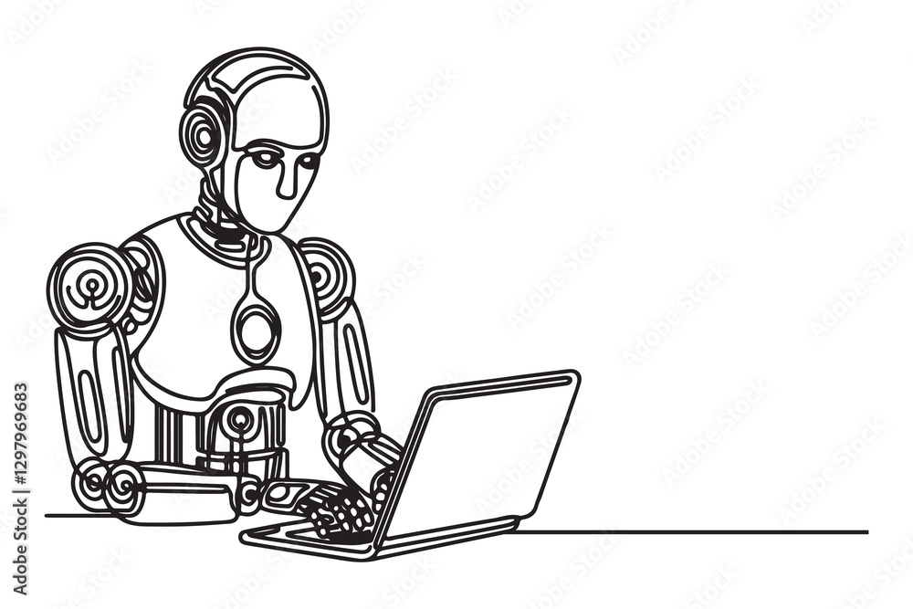 continuous one single black line art doodle drawing of AI-powered humanoid robot working on a laptop illustration on white background continuous one single black line art doodle drawing of AI-powered humanoid robot working on a laptop illustration on white background