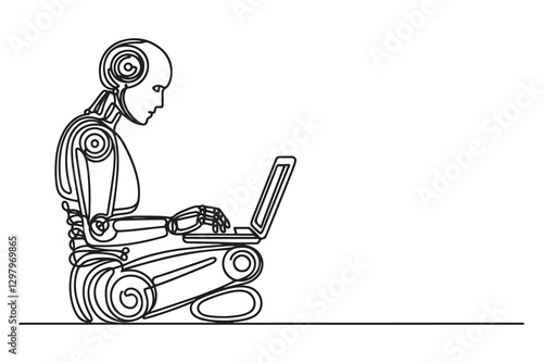 continuous one single black line art doodle drawing of AI-powered humanoid robot working on a laptop illustration on white background
